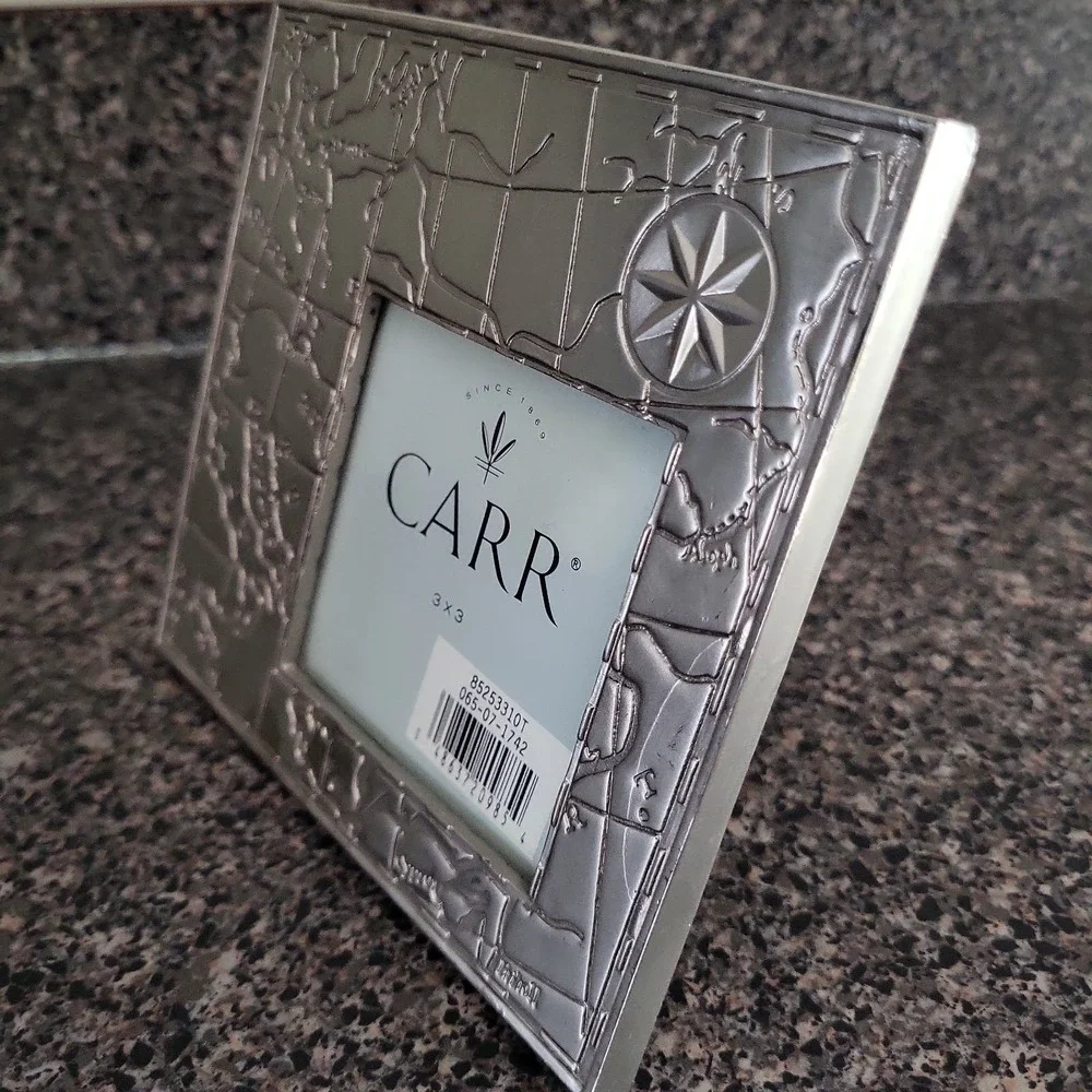 Vintage 1998 Carr Silver Tone World Map Compass 3x3 Photo Picture Frame Travel